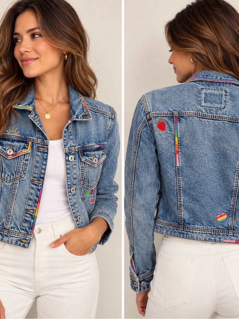 American Eagle Outfitters Blue Denim Jacket with Multicolor Embroidered Accents